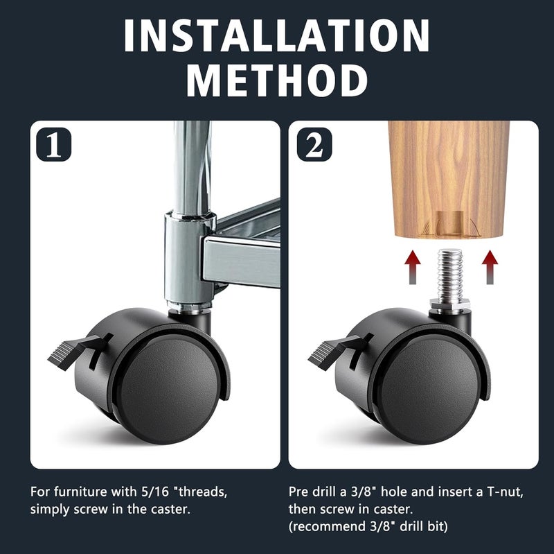 ANDUTEES Stem Casters, 1.5 Inch Furniture Casters Set of 4, Threaded Stem Diameter 5/16" Plastic Locking Caster Wheels, Black Swivel Small Castors with T-Nuts, for Table, Cabinet, Storage Rack - Image 3